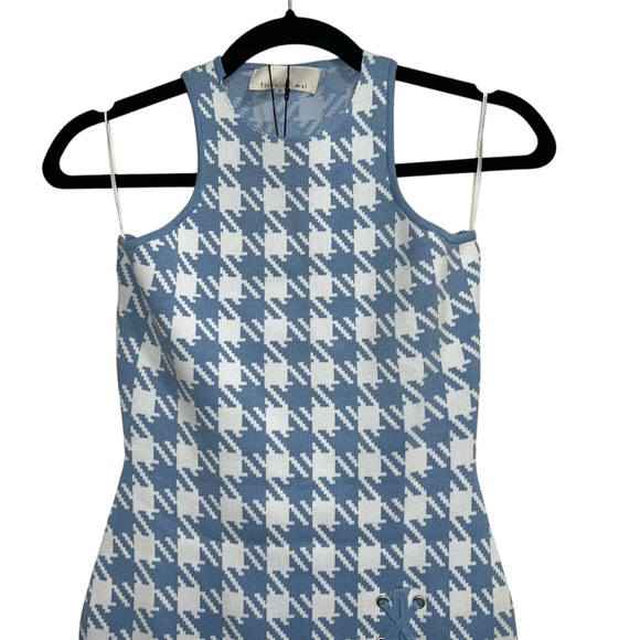 NEW NWT Fleur Du Mal Houndstooth Knit Mini Dress Baby Blue & Ivory - Picture 4 of 10